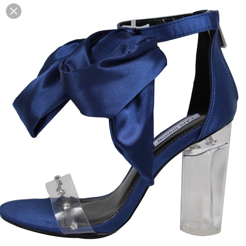 Blue Ribbon Open Studded Toe Strap Chunky Heels